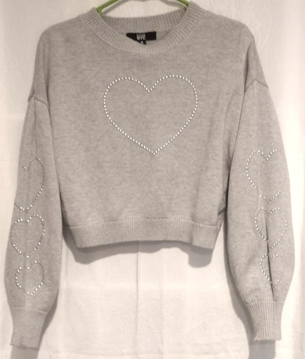 Madden NYC Medium Gray Studded Heart Cropped Sweater Cozy Y2K Soft Girl Casual